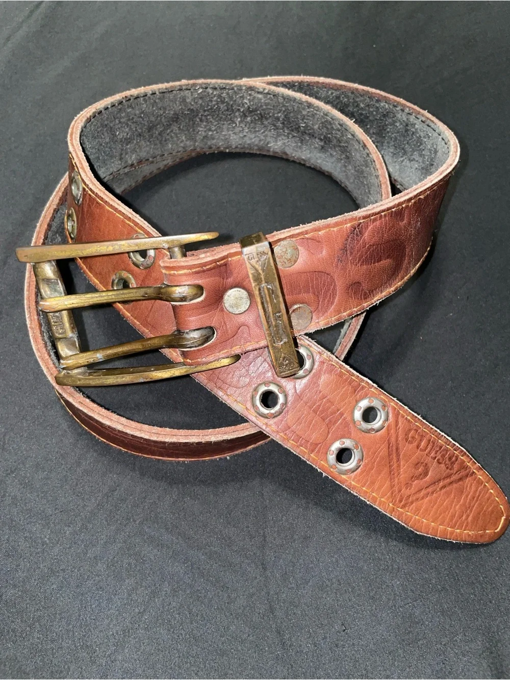Men's Guess Classic Brown Leather Belt with Double Prong Brass Buckle
